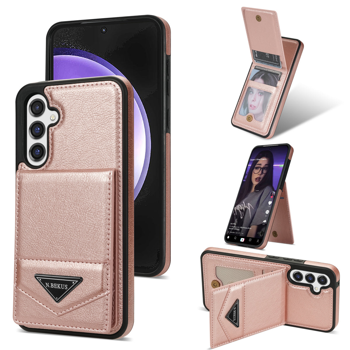 N.BEKUS For Samsung Galaxy S23 FE Case Leather Coated TPU Cover with Card Holder Kickstand