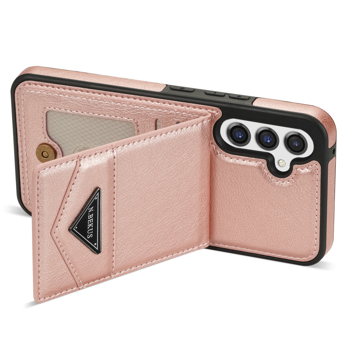 N.BEKUS For Samsung Galaxy S23 FE Case Leather Coated TPU Cover with Card Holder Kickstand