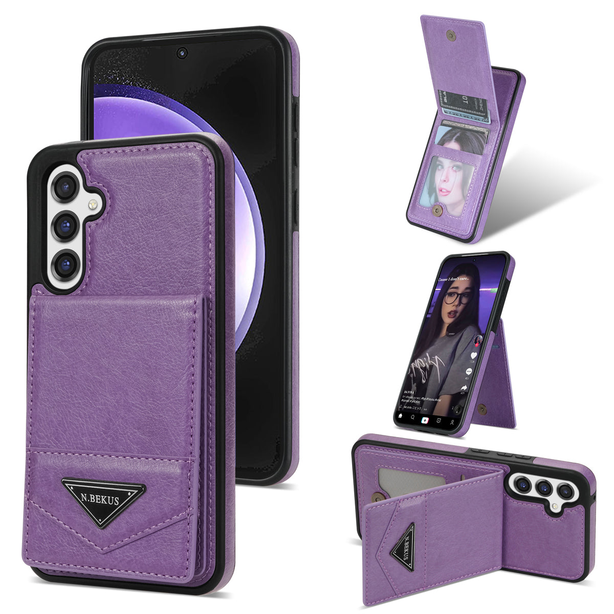 N.BEKUS For Samsung Galaxy S23 FE Case Leather Coated TPU Cover with Card Holder Kickstand