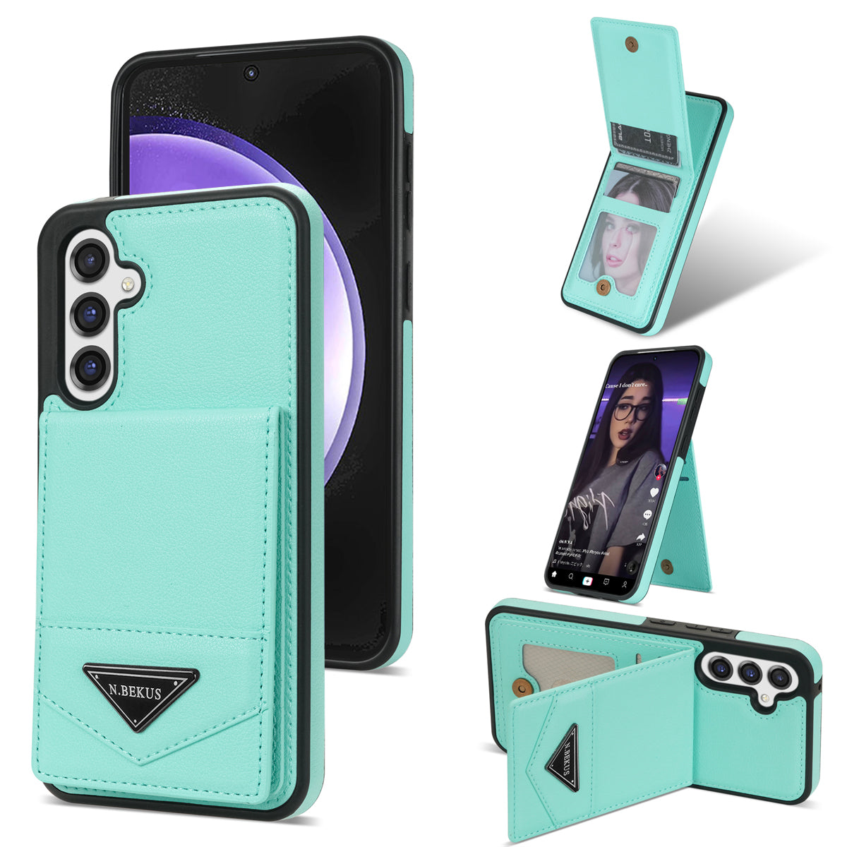 N.BEKUS For Samsung Galaxy S23 FE Case Leather Coated TPU Cover with Card Holder Kickstand