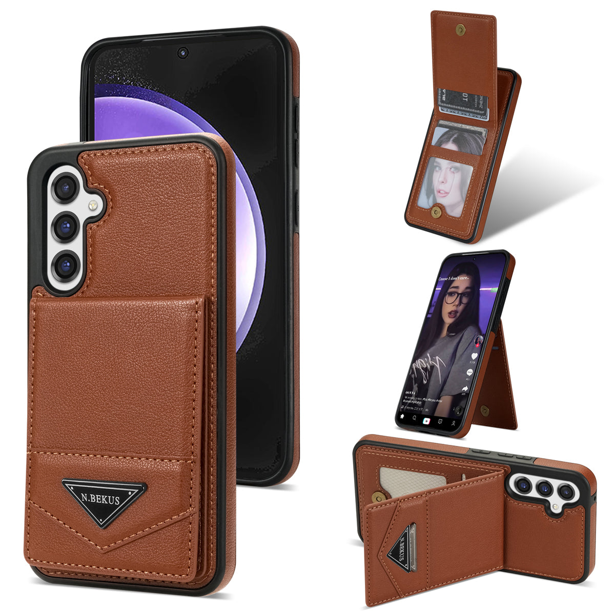 N.BEKUS For Samsung Galaxy S23 FE Case Leather Coated TPU Cover with Card Holder Kickstand