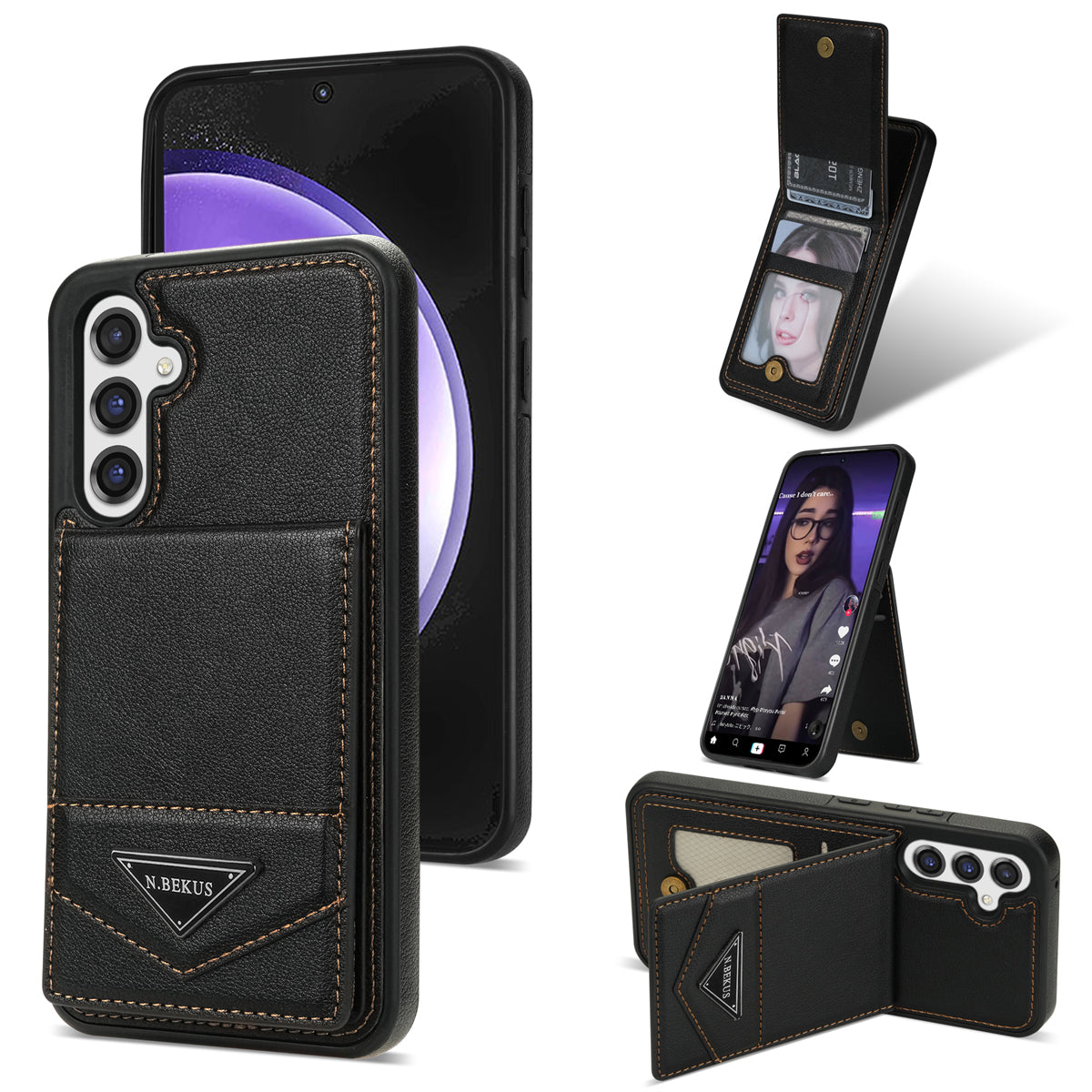 N.BEKUS For Samsung Galaxy S23 FE Case Leather Coated TPU Cover with Card Holder Kickstand