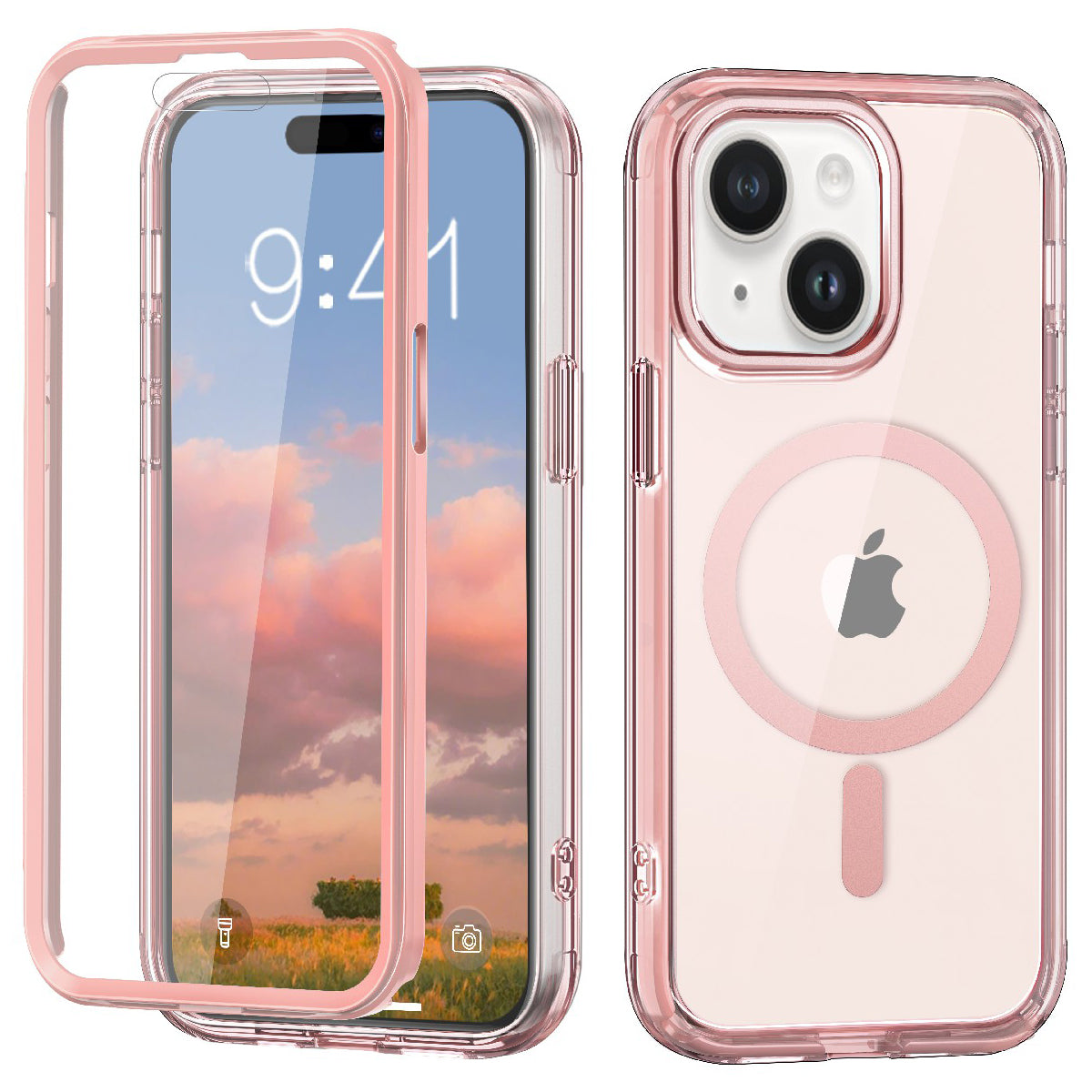 For iPhone 15 Plus Magnetic Case PC+TPU Clear Phone Cover with PET Screen Film