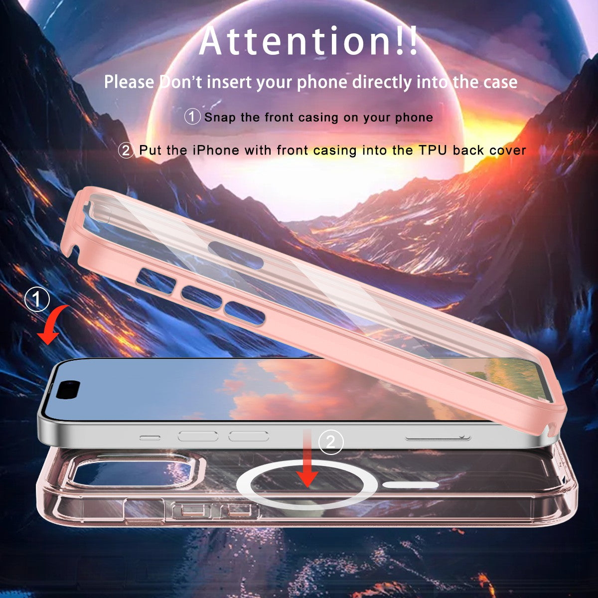 For iPhone 15 Plus Magnetic Case PC+TPU Clear Phone Cover with PET Screen Film
