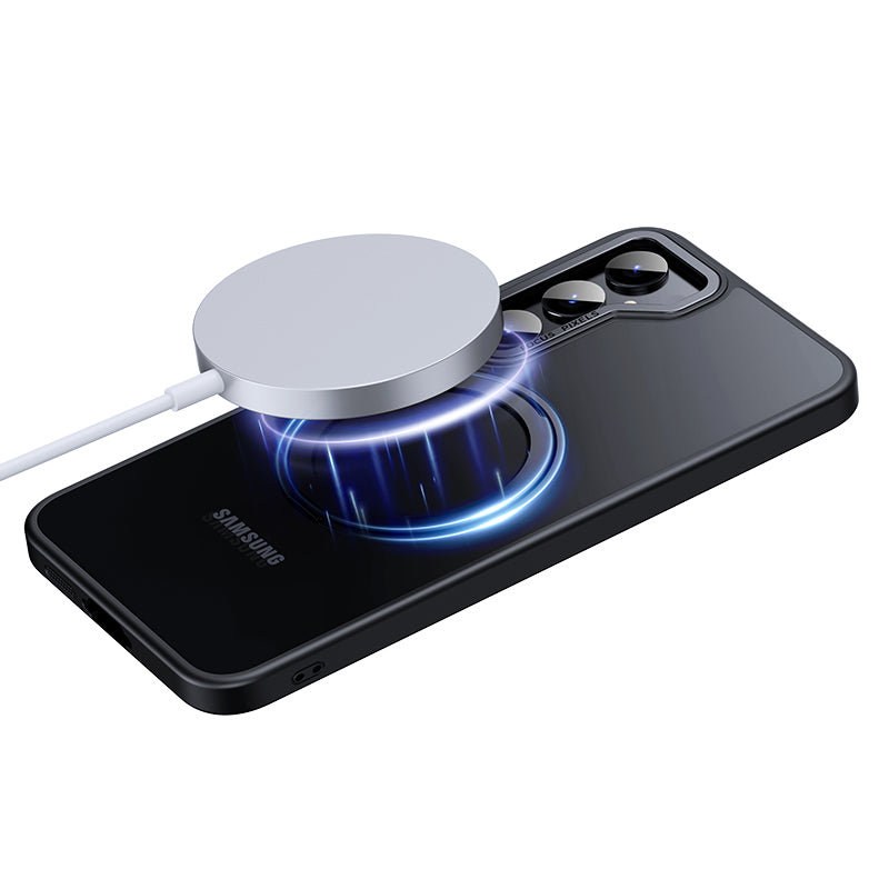 For Samsung Galaxy S24+ Clear Case Magnetic TPU+PC+Metal Phone Cover with Rotary Kickstand