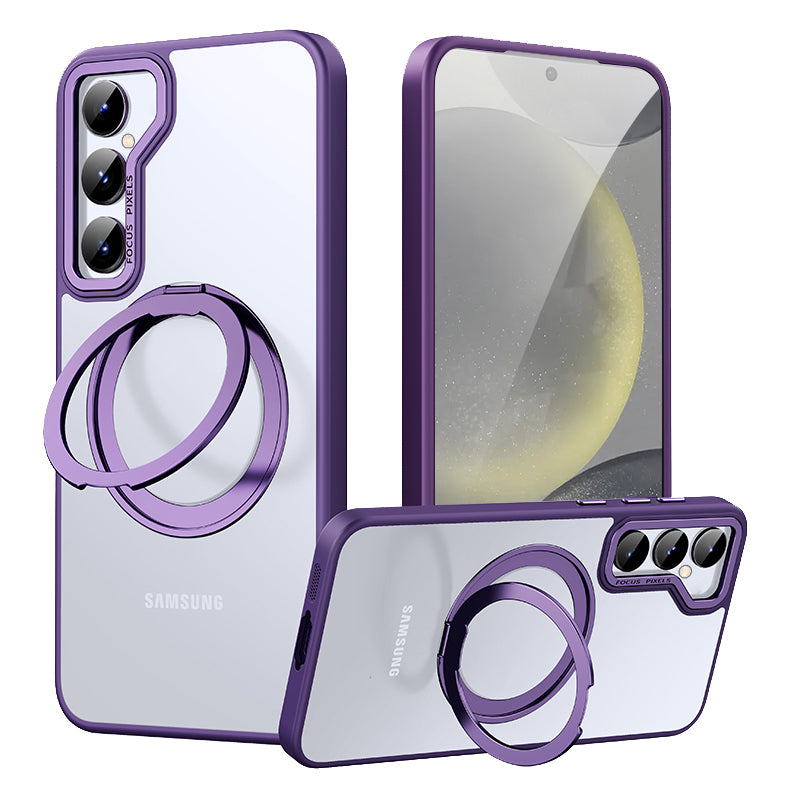 For Samsung Galaxy S24+ Clear Case Magnetic TPU+PC+Metal Phone Cover with Rotary Kickstand