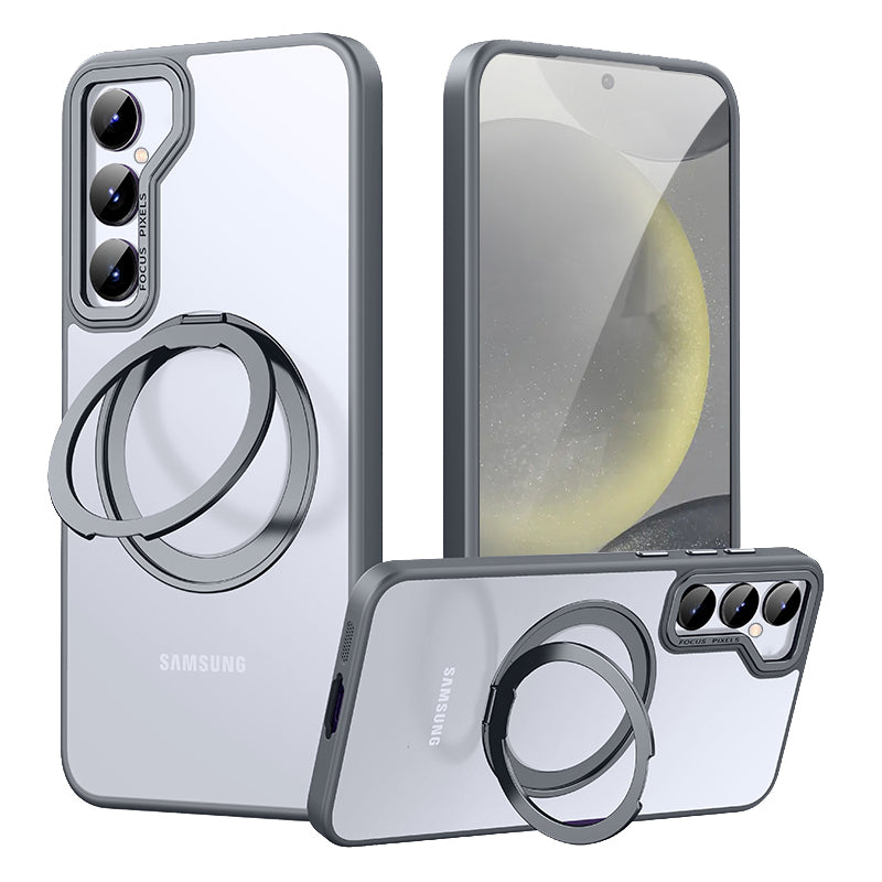 For Samsung Galaxy S24+ Clear Case Magnetic TPU+PC+Metal Phone Cover with Rotary Kickstand