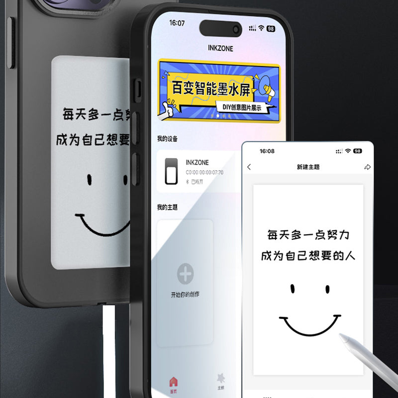 INKZONE For iPhone 12 / 12 Pro Case DIY Pattern 3-Color E Ink Case Projection PC+TPU NFC Phone Cover