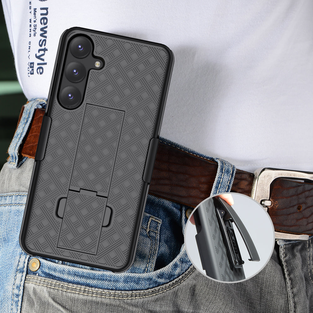 For Samsung Galaxy S24+ Case PC+TPU Sliding Screen Cover Kickstand Phone Shell with Clip