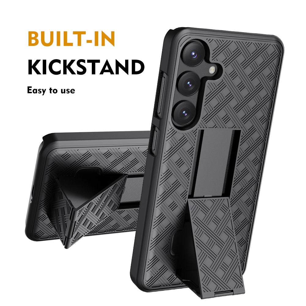 For Samsung Galaxy S24 PC+TPU Case Sliding Screen Cover Kickstand Phone Shell with Clip