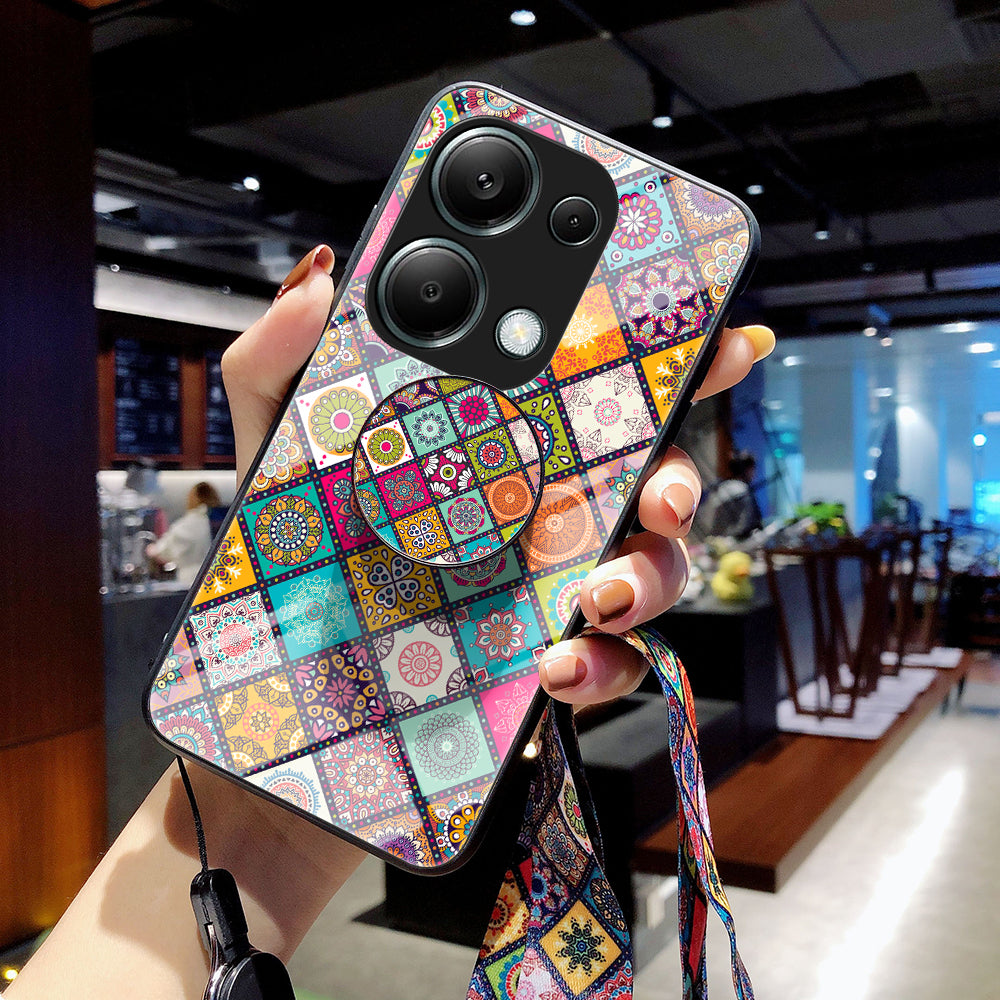 For Xiaomi Redmi Note 13 Pro 4G / Poco M6 Pro 4G Case Flower Pattern Tempered Glass Phone Cover with Kickstand