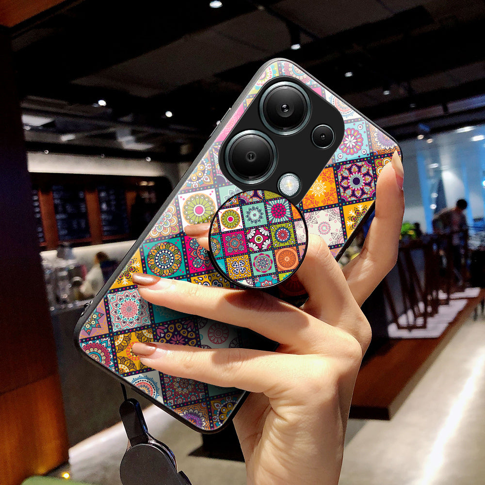 For Xiaomi Redmi Note 13 Pro 4G / Poco M6 Pro 4G Case Flower Pattern Tempered Glass Phone Cover with Kickstand