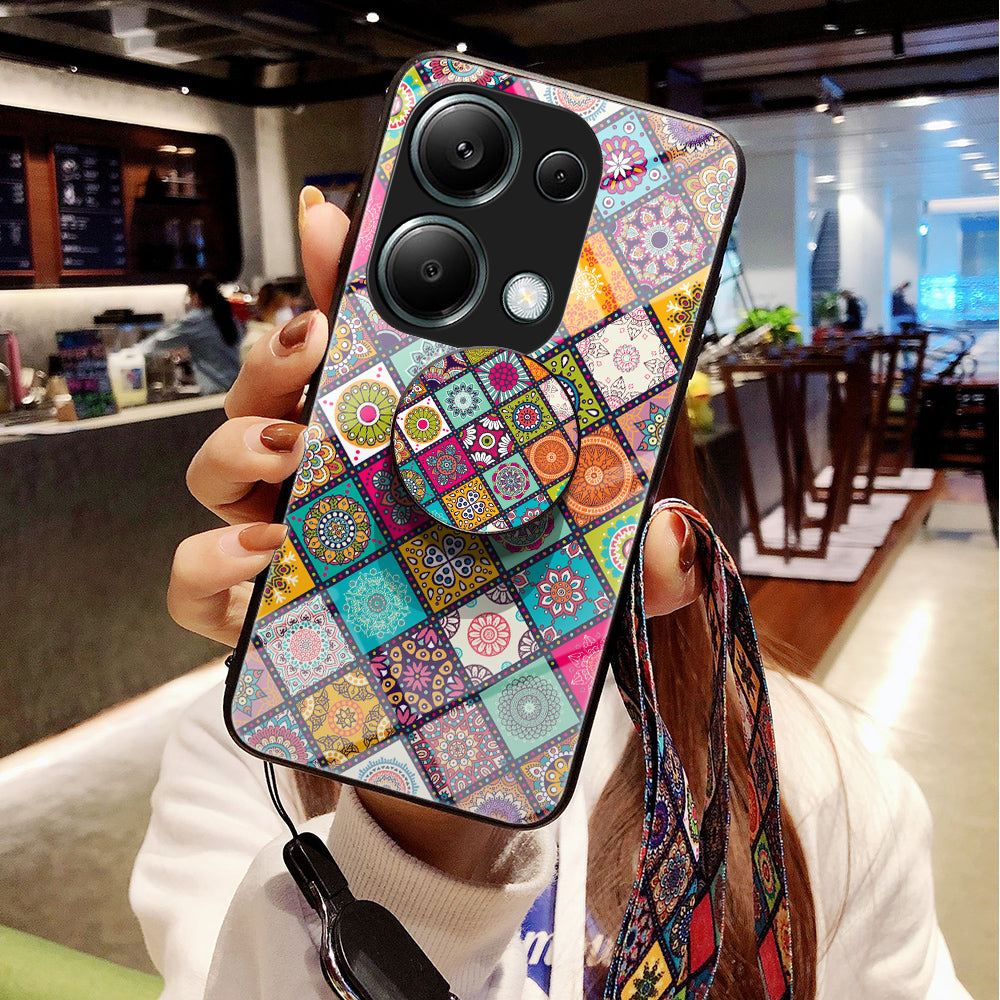 For Xiaomi Redmi Note 13 Pro 4G / Poco M6 Pro 4G Case Flower Pattern Tempered Glass Phone Cover with Kickstand