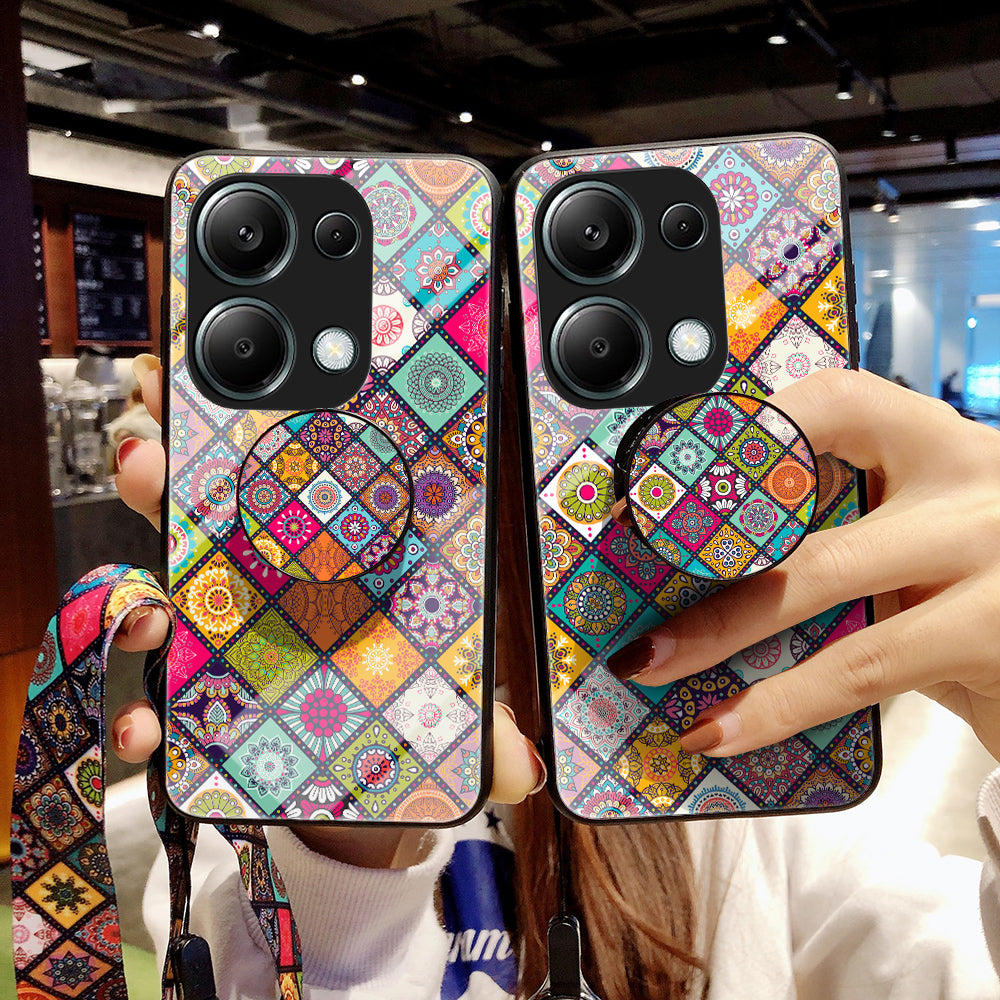 For Xiaomi Redmi Note 13 Pro 4G / Poco M6 Pro 4G Case Flower Pattern Tempered Glass Phone Cover with Kickstand