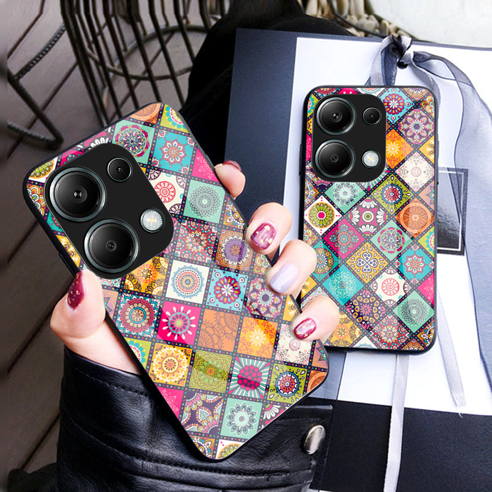 For Xiaomi Redmi Note 13 Pro 4G / Poco M6 Pro 4G Case Flower Pattern Tempered Glass Phone Cover with Kickstand