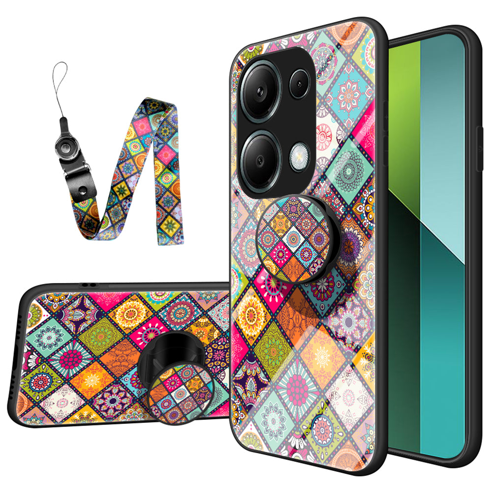 For Xiaomi Redmi Note 13 Pro 4G / Poco M6 Pro 4G Case Flower Pattern Tempered Glass Phone Cover with Kickstand