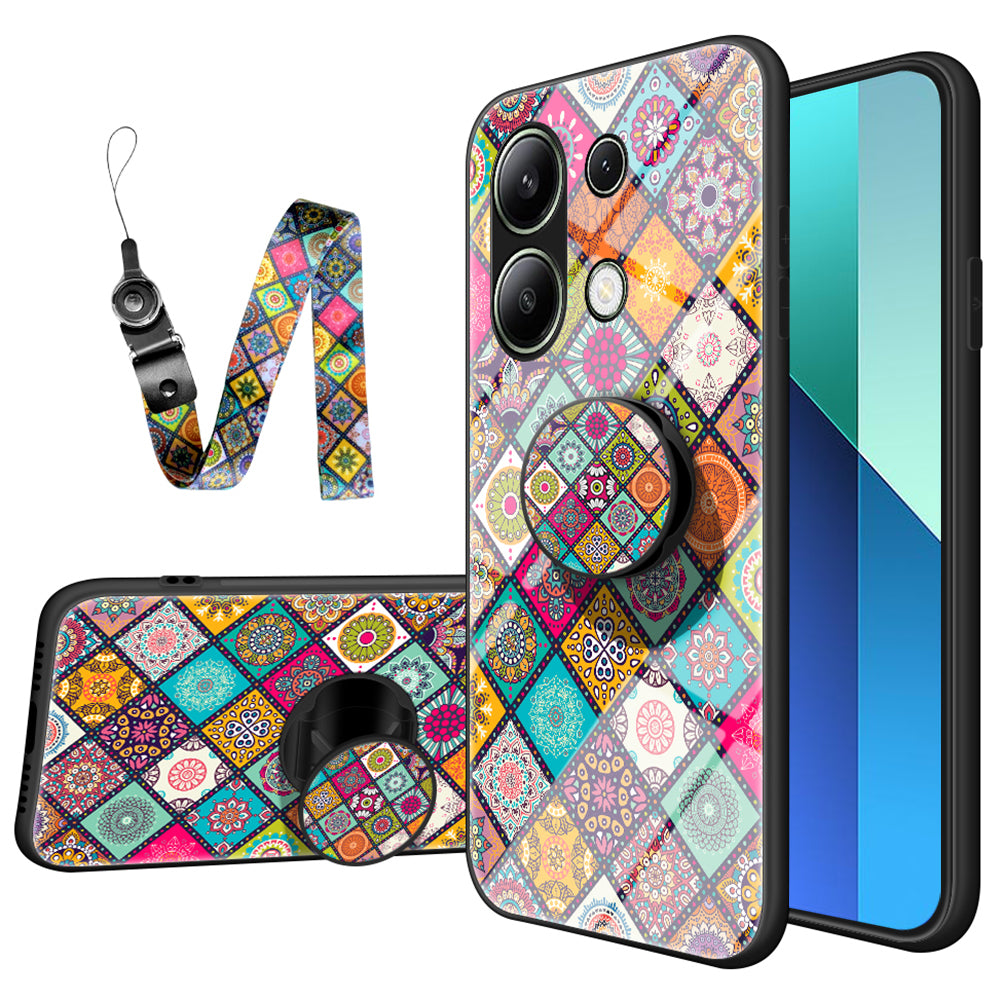 For Xiaomi Redmi Note 13 4G Case Flower Pattern Tempered Glass Back Cover with Long Lanyard