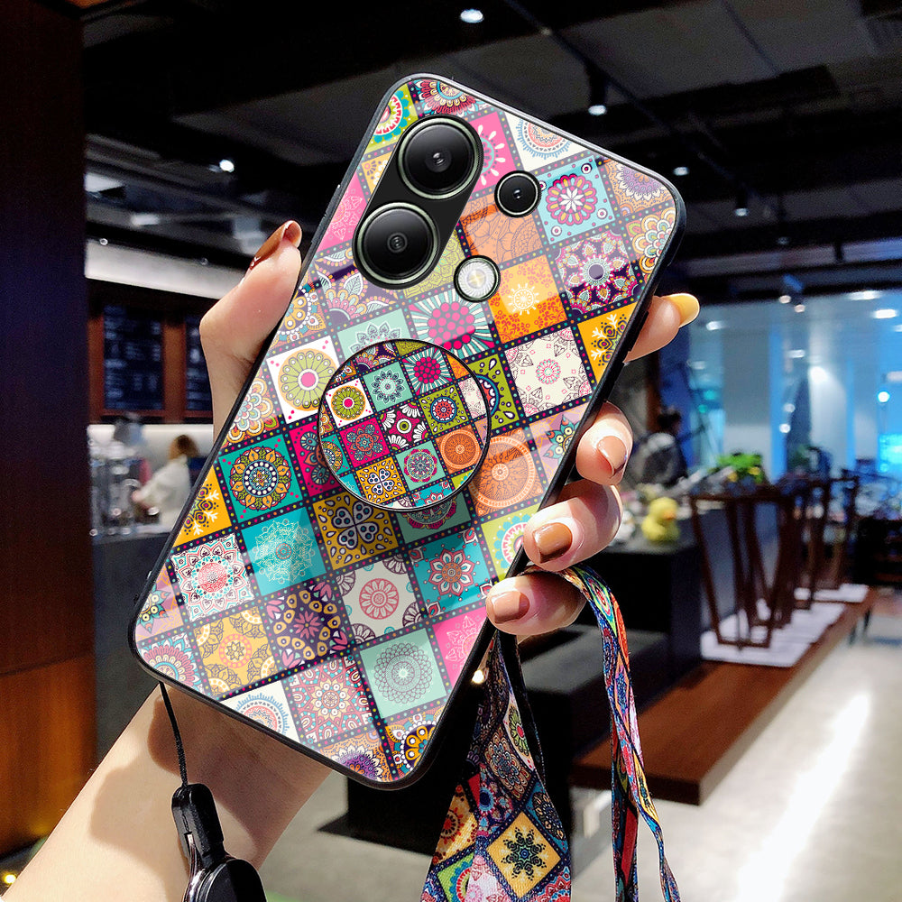 For Xiaomi Redmi Note 13 4G Case Flower Pattern Tempered Glass Back Cover with Long Lanyard