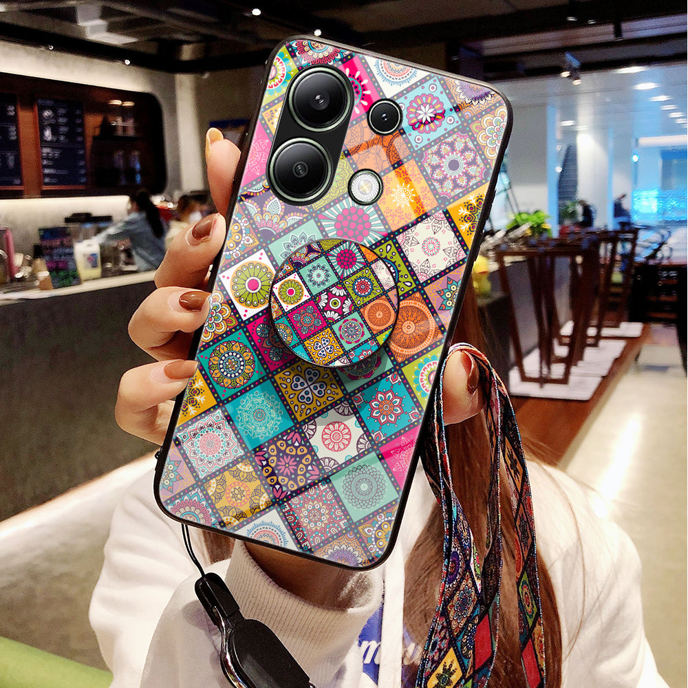 For Xiaomi Redmi Note 13 4G Case Flower Pattern Tempered Glass Back Cover with Long Lanyard
