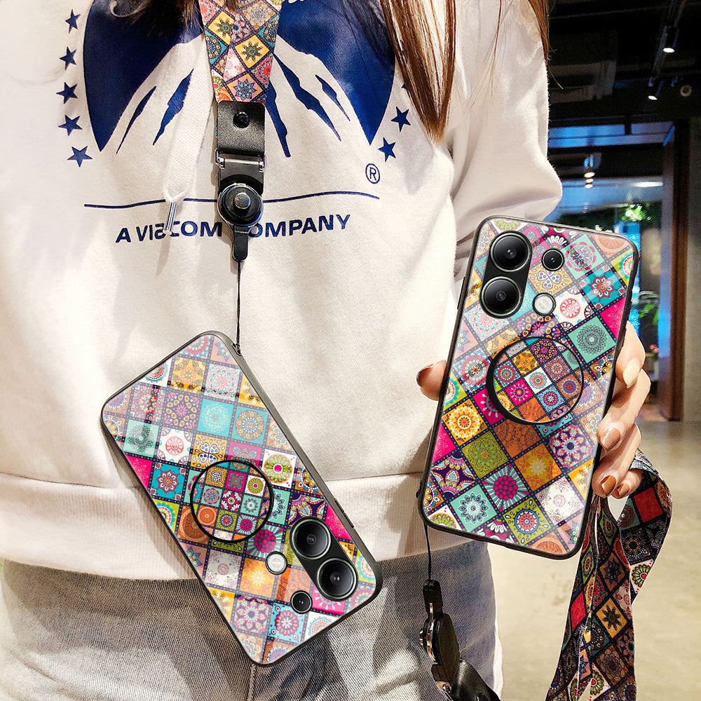 For Xiaomi Redmi Note 13 4G Case Flower Pattern Tempered Glass Back Cover with Long Lanyard