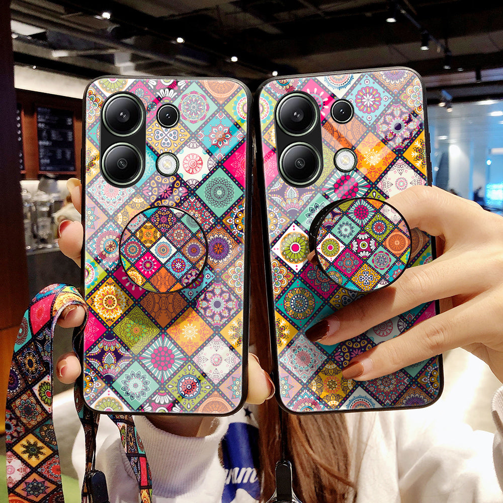 For Xiaomi Redmi Note 13 4G Case Flower Pattern Tempered Glass Back Cover with Long Lanyard