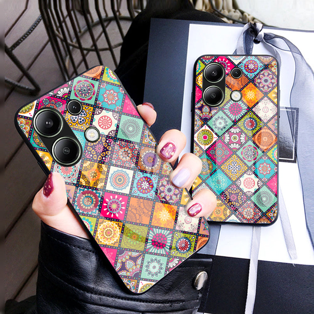For Xiaomi Redmi Note 13 4G Case Flower Pattern Tempered Glass Back Cover with Long Lanyard