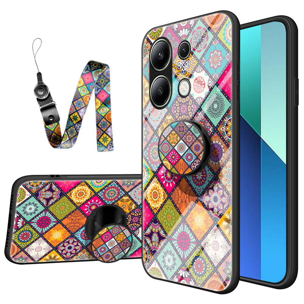 For Xiaomi Redmi Note 13 4G Case Flower Pattern Tempered Glass Back Cover with Long Lanyard