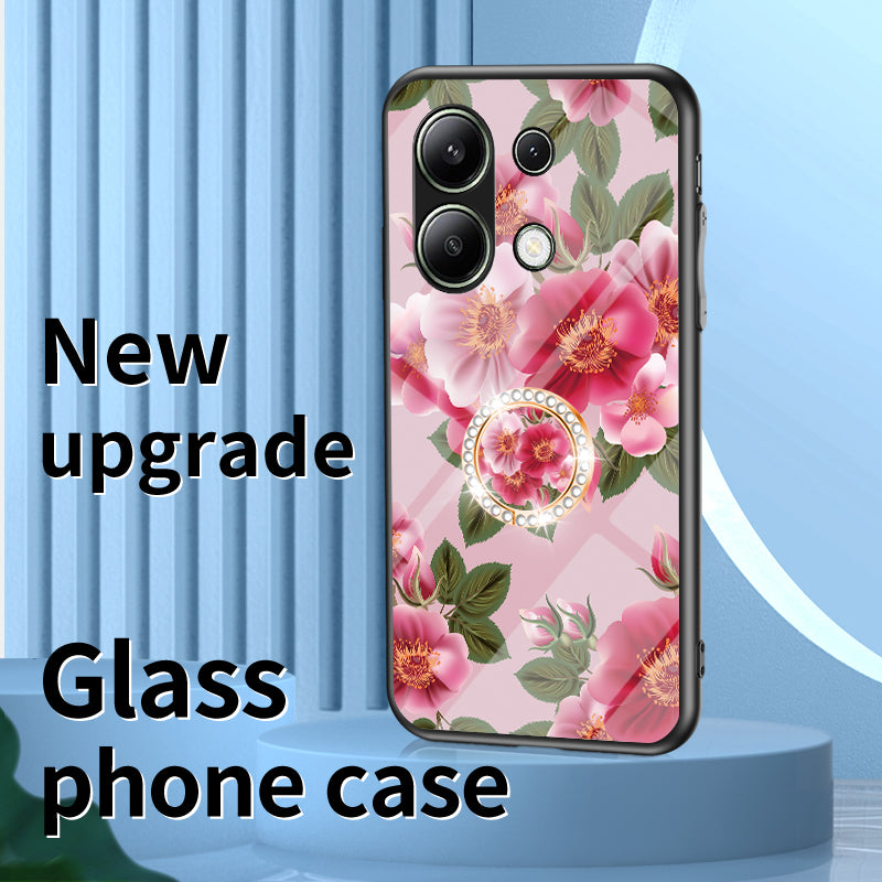 For Xiaomi Redmi Note 13 4G Case Tempered Glass Pattern Printing Phone Cover with Ring Kickstand