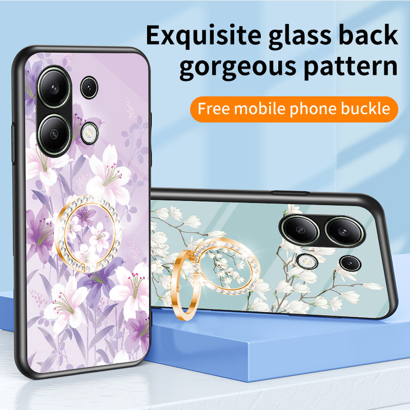 For Xiaomi Redmi Note 13 4G Case Tempered Glass Pattern Printing Phone Cover with Ring Kickstand