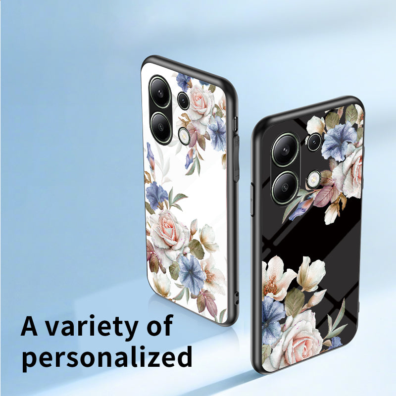 For Xiaomi Redmi Note 13 4G Case Tempered Glass Pattern Printing Phone Cover with Ring Kickstand