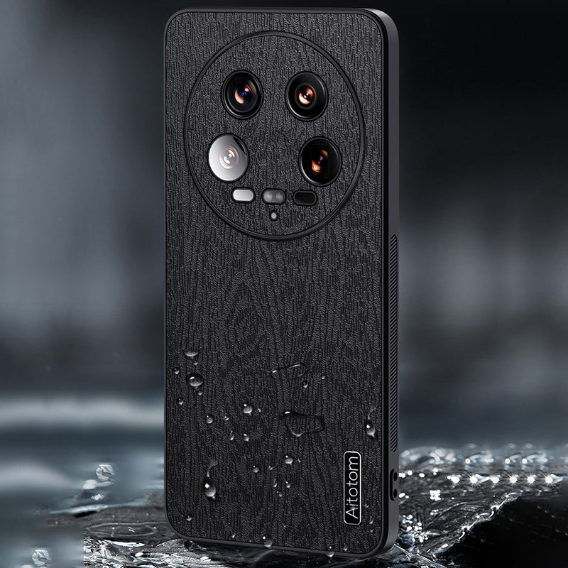 For Xiaomi 14 Ultra Case PU Leather Coated PC+TPU Back Phone Cover with Wood Texture