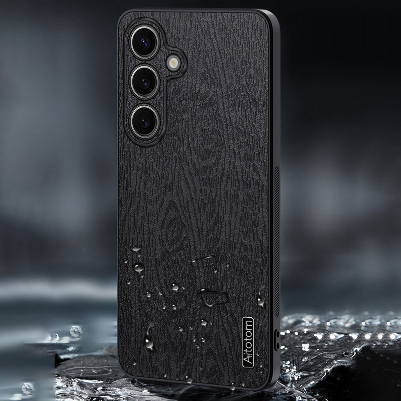 For Samsung Galaxy S23 FE Phone Case Leather+PC+TPU Cover Wood Texture