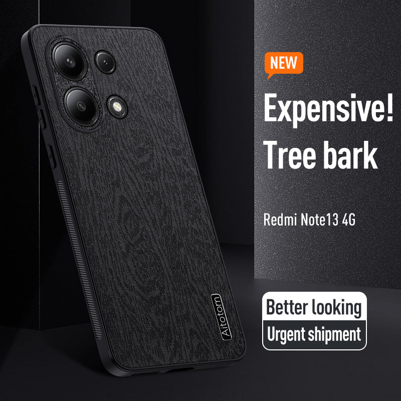 For Xiaomi Redmi Note 13 4G Case Wood Texture Leather Coated PC+TPU Phone Cover