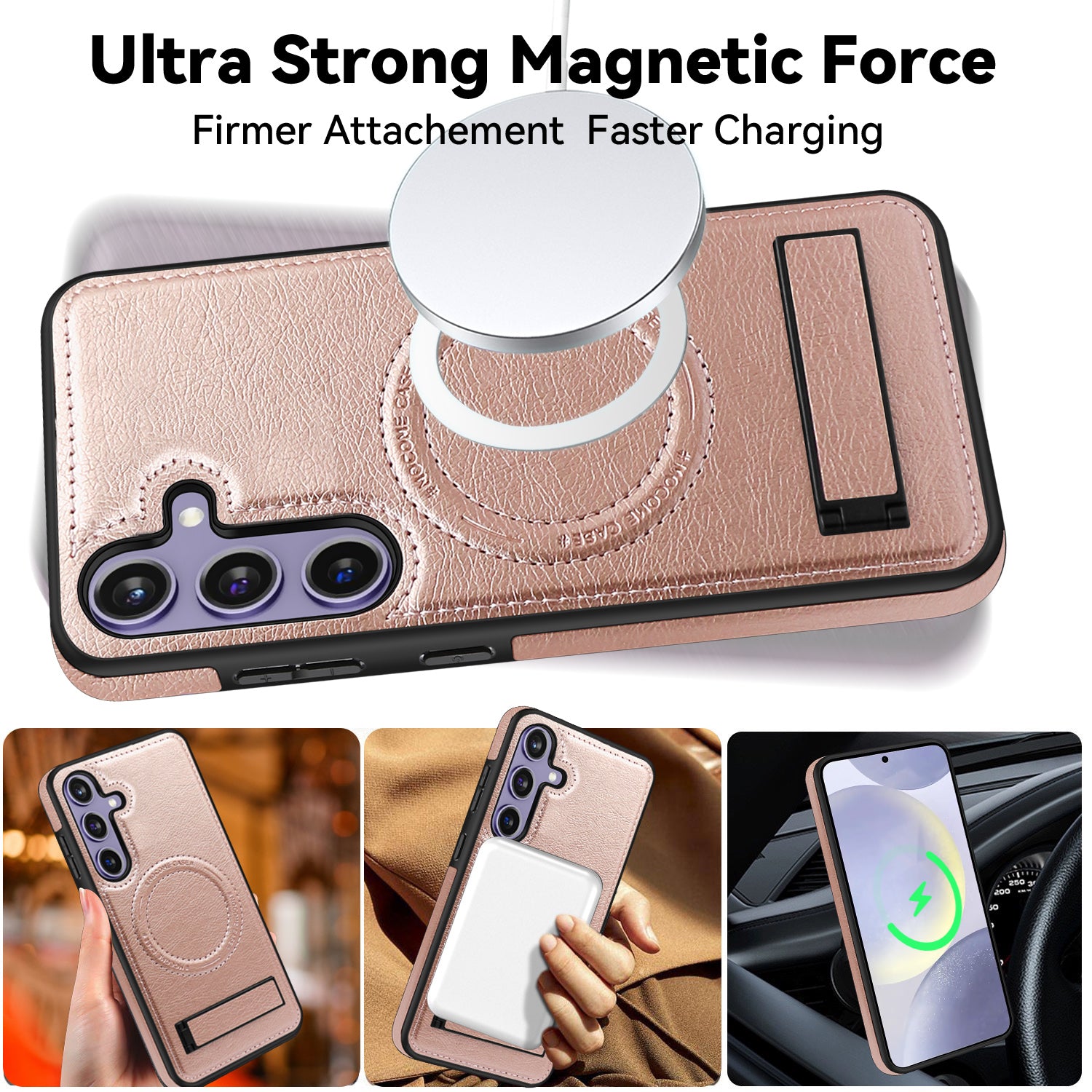 For Samsung Galaxy S24 Magnetic Case Leather Coated TPU+PC Kickstand Phone Cover