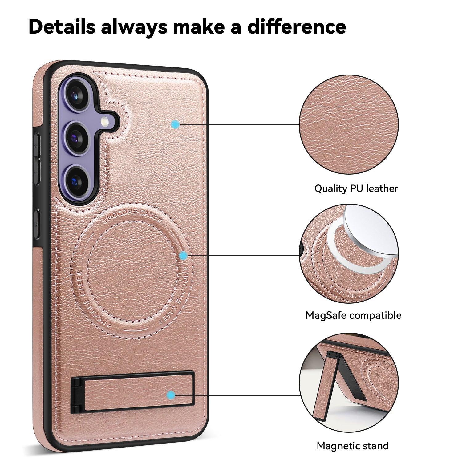 For Samsung Galaxy S24 Magnetic Case Leather Coated TPU+PC Kickstand Phone Cover