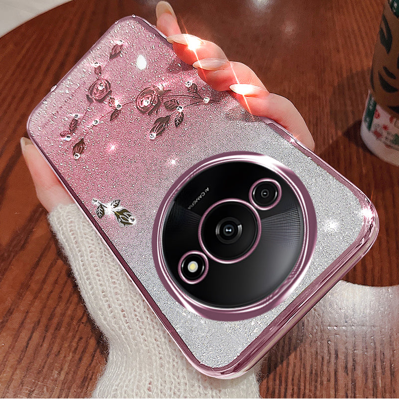KADEM For Xiaomi Redmi A3 / Poco C61 4G Glitter Flower Case Rhinestone Decor Flexible TPU Phone Cover