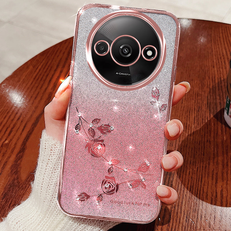 KADEM For Xiaomi Redmi A3 / Poco C61 4G Glitter Flower Case Rhinestone Decor Flexible TPU Phone Cover