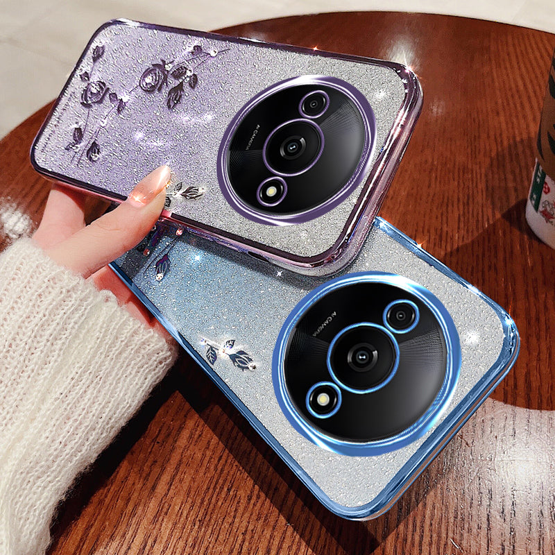 KADEM For Xiaomi Redmi A3 / Poco C61 4G Glitter Flower Case Rhinestone Decor Flexible TPU Phone Cover
