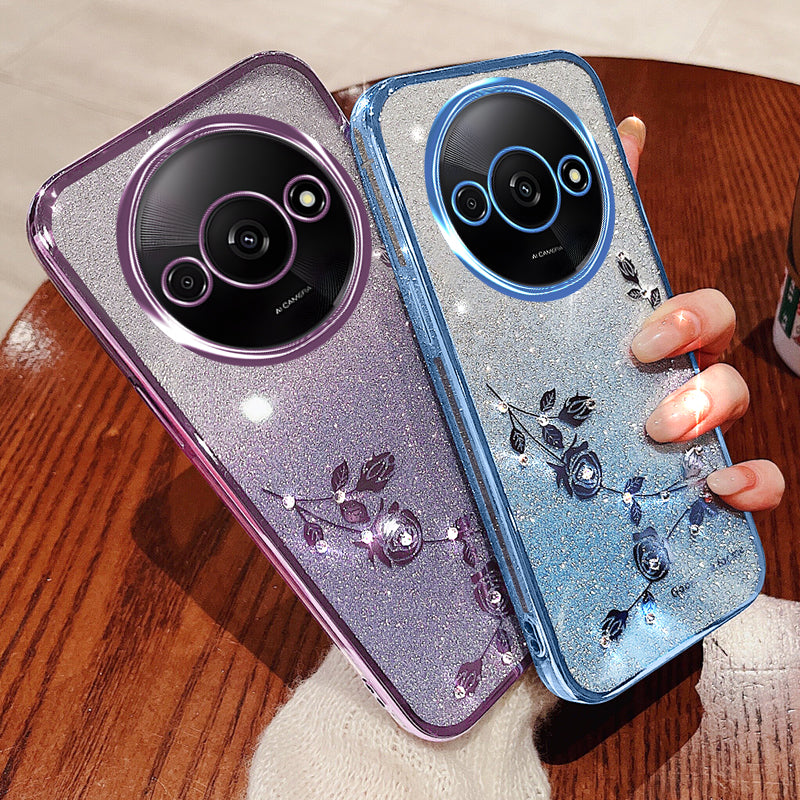 KADEM For Xiaomi Redmi A3 / Poco C61 4G Glitter Flower Case Rhinestone Decor Flexible TPU Phone Cover