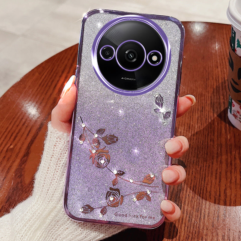 KADEM For Xiaomi Redmi A3 / Poco C61 4G Glitter Flower Case Rhinestone Decor Flexible TPU Phone Cover