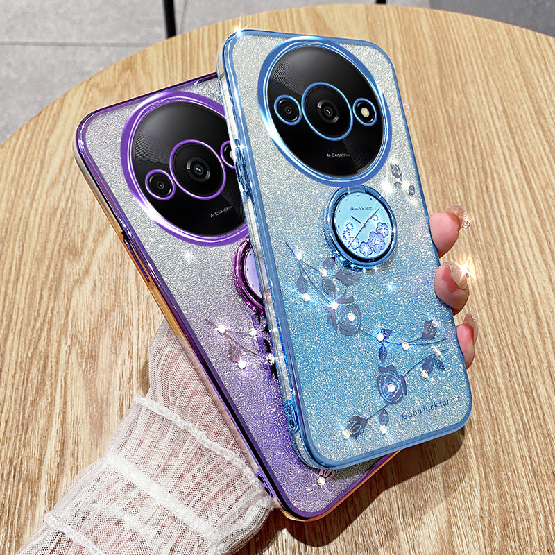 KADEM For Xiaomi Redmi A3 / Poco C61 4G TPU Case Rhinestone Flower Back Cover Ring Kickstand