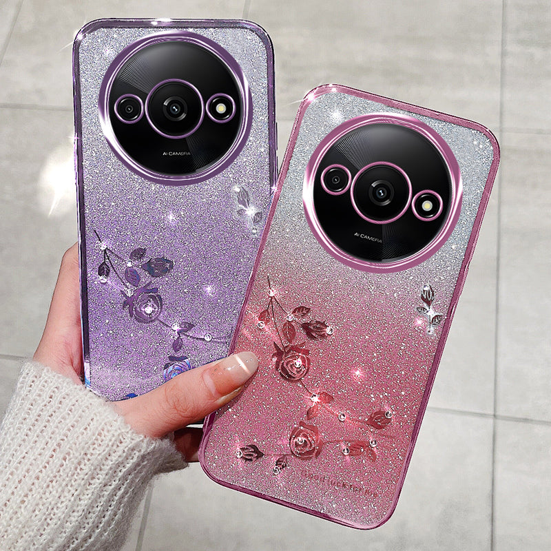 KADEM For Xiaomi Redmi A3 / Poco C61 4G Case Soft TPU Flower Glitter Rhinestone Phone Cover with Lanyard