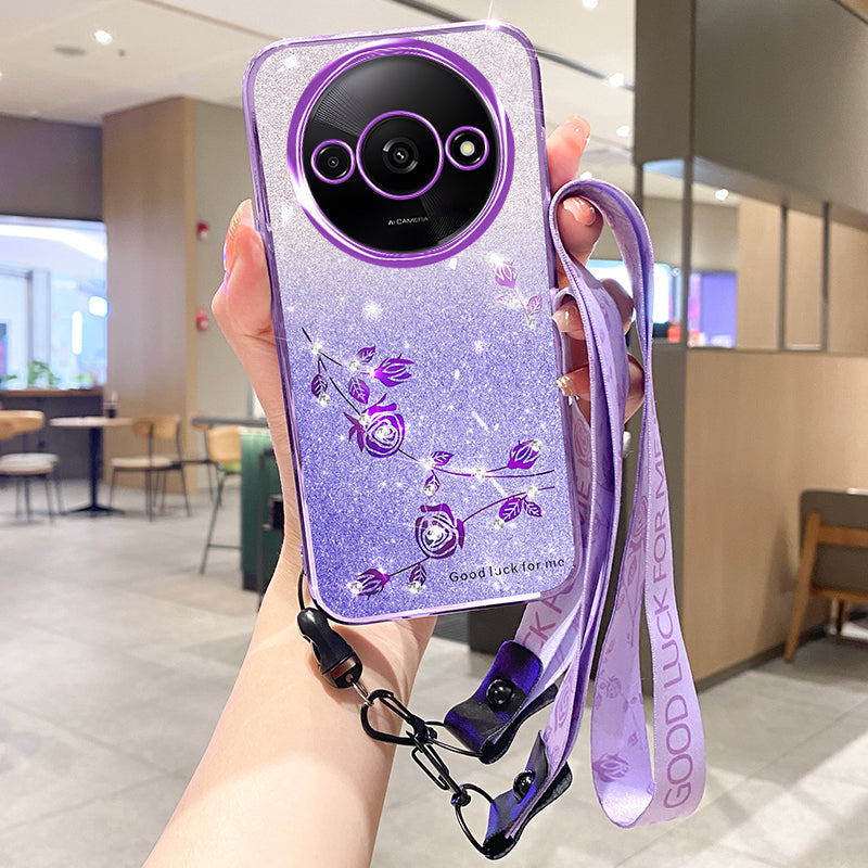 KADEM For Xiaomi Redmi A3 / Poco C61 4G Case Soft TPU Flower Glitter Rhinestone Phone Cover with Lanyard