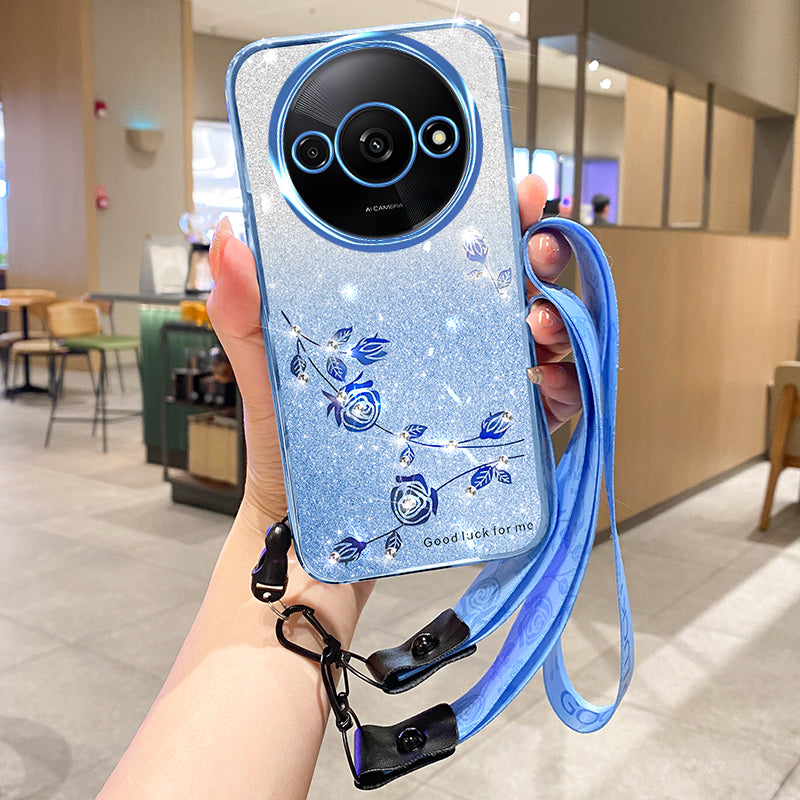 KADEM For Xiaomi Redmi A3 / Poco C61 4G Case Soft TPU Flower Glitter Rhinestone Phone Cover with Lanyard
