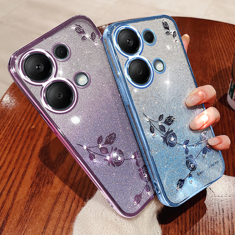 KADEM For Xiaomi Redmi Note 13 Pro 4G / Poco M6 Pro 4G Case Glitter Flower TPU Phone Cover with Lanyard