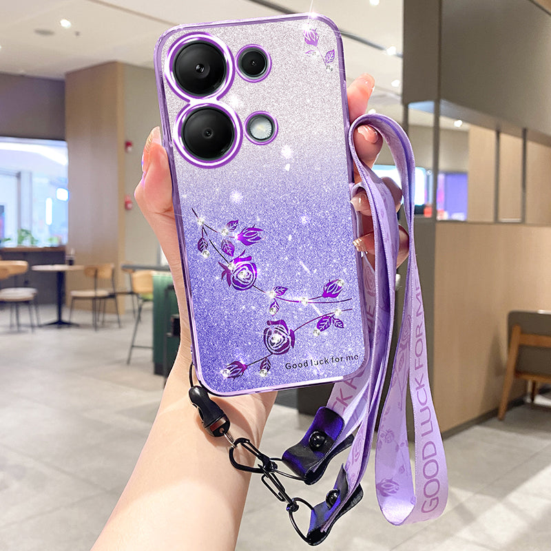 KADEM For Xiaomi Redmi Note 13 Pro 4G / Poco M6 Pro 4G Case Glitter Flower TPU Phone Cover with Lanyard