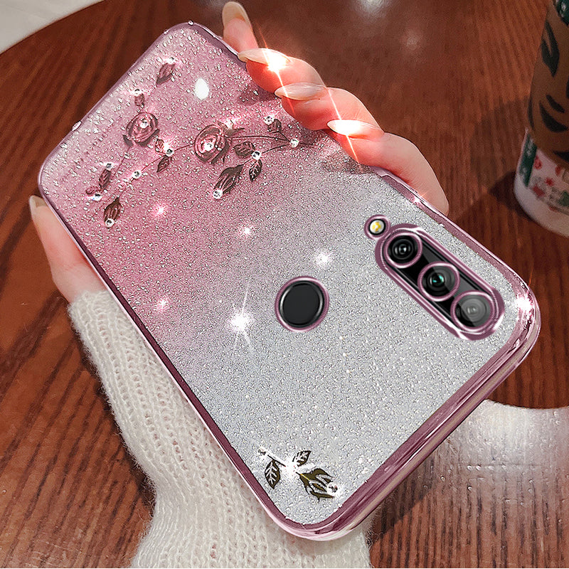 KADEM For Huawei Enjoy 10 Plus TPU Case with Lanyard Rhinestone Flower Phone Cover
