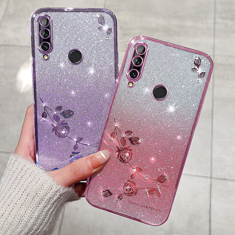 KADEM For Huawei Enjoy 10 Plus TPU Case with Lanyard Rhinestone Flower Phone Cover