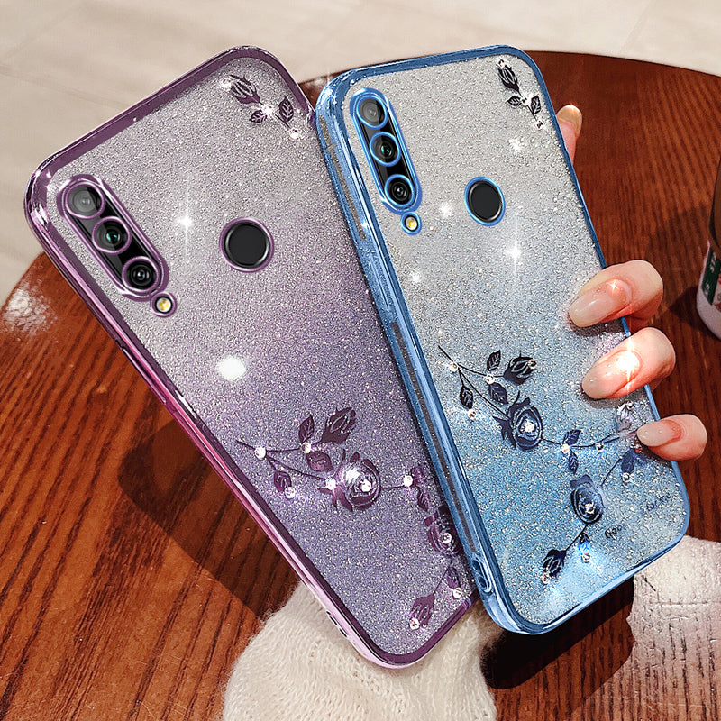 KADEM For Huawei Enjoy 10 Plus TPU Case with Lanyard Rhinestone Flower Phone Cover