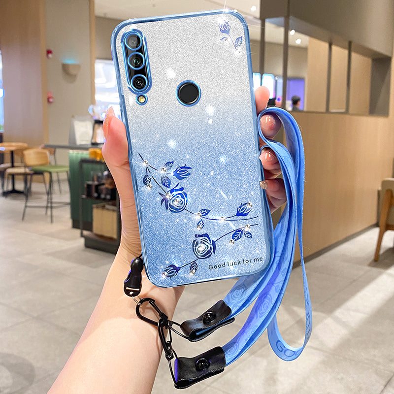 KADEM For Huawei Enjoy 10 Plus TPU Case with Lanyard Rhinestone Flower Phone Cover
